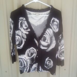 Women's Black Button up Cardigan Sweater with White Roses Size Small